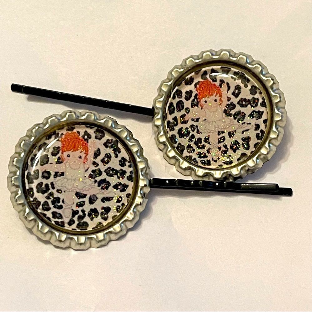 NEW bottle cap Bobbie pin pair red head ballerina ballet leopard print